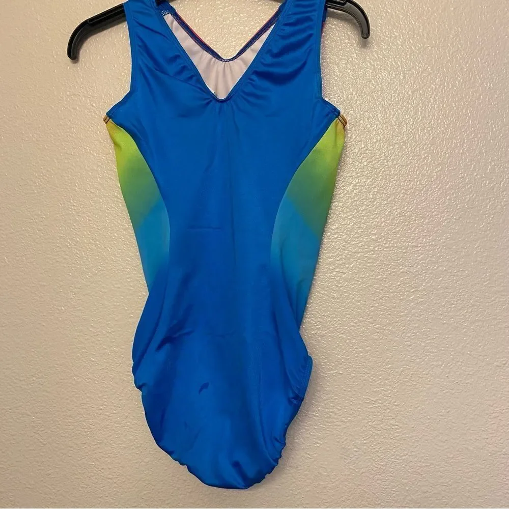 GK elite gymnastics practice leotard blue orange ombre rainbow adult AS